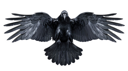Obraz premium Majestic black raven with wings spread wide, showcasing its dark feathers against a white background.