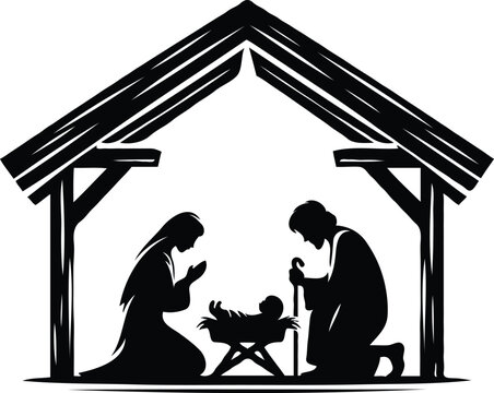 recommend clip art: Christmas Nativity scene greeting card illustration. Black silhouettes isolated on white background. Vector EPS10.