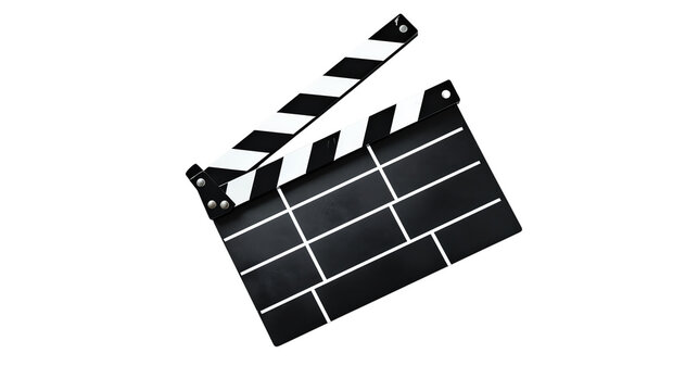 Film clapperboard, used in scene take for movie production. Black and white stripes with chalkboard surface, essential filmmaking tool.