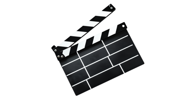 Film clapperboard, used in scene take for movie production. Black and white stripes with chalkboard surface, essential filmmaking tool.