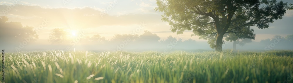 Poster a field of grass with a tree in the middle