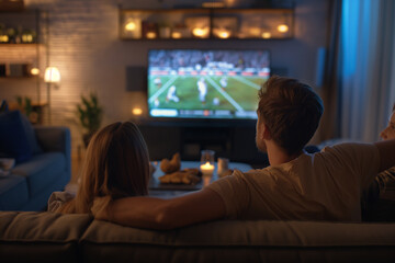 Sports fans, close-up of a family watching a game on TV at home, cozy living room, warm indoor lighting, engaged and joyful atmosphere, snacks and drinks on the coffee table