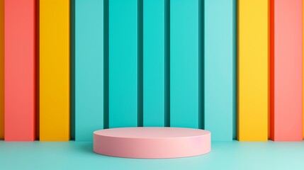 Vibrant stage and podium mockup with modern machinery elements and opposite color principles ideal for creating dynamic and engaging visuals for tech-focused advertising and promotions. Clean and