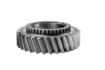 A car gearbox gear, a track transmission gear, a mechanism gear with a beveled engagement tooth. White background,  close-up