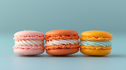 Fototapeta premium Macarons: Delicate French confections with a smooth ganache filling, arranged on a solid background. Captured in high resolution (8k) with sharp focus, emphasizing the vibrant colors, 