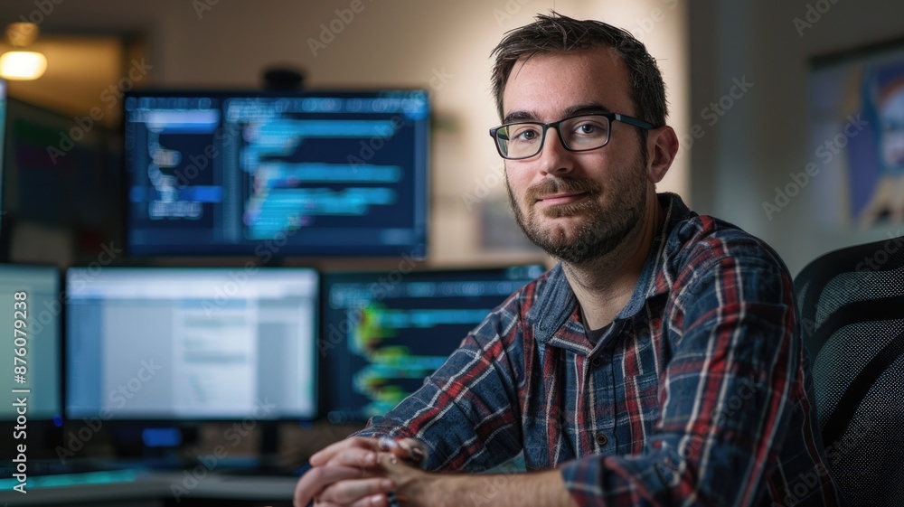 Poster young professional coding on multiple monitors in modern, illuminated workspace. intense and concent