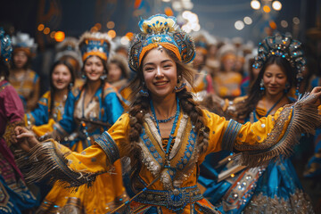 Fototapeta premium Female dancers in colorful traditional costumes perform energetically at a national ceremony, showcasing vibrant attire and cultural heritage