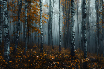 Picturesque Yet Gloomy Autumn Forest with Thick Fog