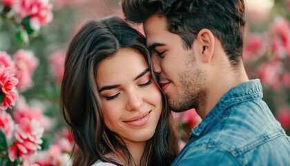 Fototapeta premium Romantic Couple in Love, Tender Embrace, Passionate Connection, Close Up Portrait of a Man and Woman, Intimate Moments, Deep Feelings, Affection, Couple Photography, Love Story, Relationship Goals,