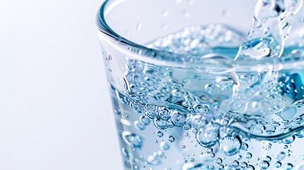 High-detail photograph of a transparent glass of hydrogen water with bubbles rising, isolated on a white background, captured with Nikon D850 in 32k UHD and focus stacking