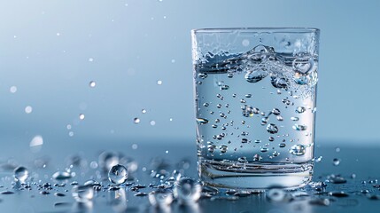 High-detail image of a glass of H2 hydrogen water with bubbles rising, isolated on a white background, captured with focus stacking and Nikon D850 in 32k UHD