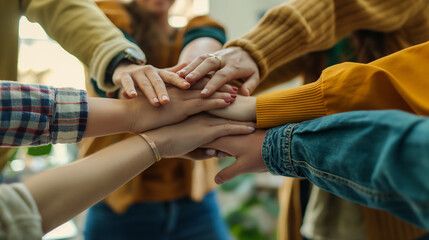 Team building, close-up of colleagues stacking hands in a huddle, modern office setting, bright daylight, collaborative and supportive atmosphere, diverse group of people