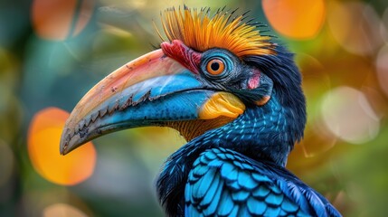 Obraz premium Close-up Portrait of a Vibrant Blue-Crested Hornbill