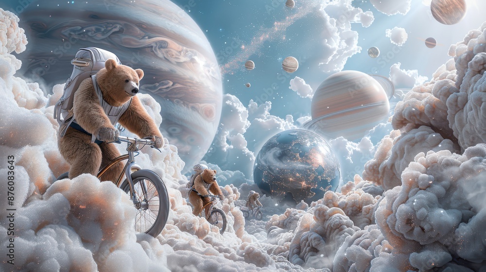 Wall mural a bear is riding a bike through space with a planet in the background