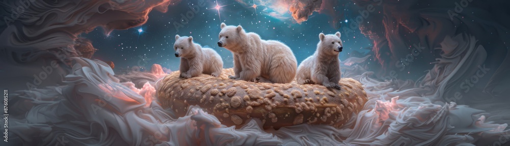 Wall mural three polar bears are sitting on a doughnut in the sky