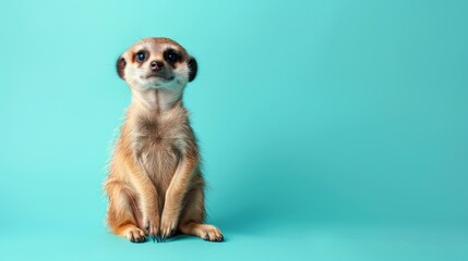A happy Meerkat puppy sitting on a solid mint blue background with space above for text, illustration background
