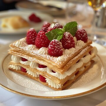 Una deliziosa torta millefoglie al ristorante, croccante e cremosa, perfetta per concludere il pasto in dolcezza. millefeuille cake.