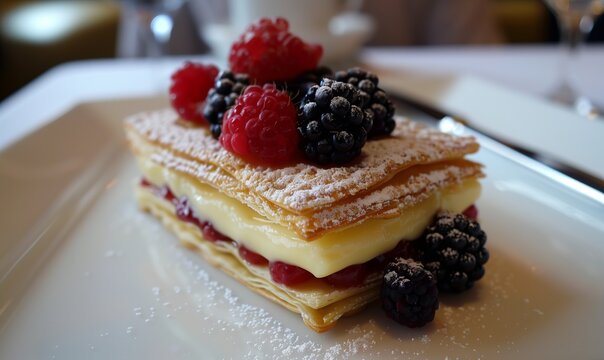 Una deliziosa torta millefoglie al ristorante, croccante e cremosa, perfetta per concludere il pasto in dolcezza. millefeuille cake.