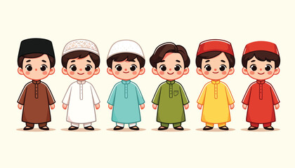 collection of adorable Muslim boys cartoon character