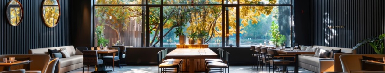 Obraz premium Minimalist Modern Restaurant with High Ceilings and Large Windows Overlooking Green Lake, Featuring Dark Gray Walls, Central Wooden Table, White Armchairs, and Indoor Plants, Capturing Lifestyle and I