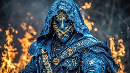 Obraz premium A cloaked figure with a golden mask stands against a background of flames