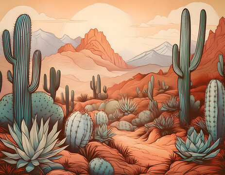  Vintage-style illustration of a desert landscape with various cacti. The drawing features d_1(291)