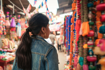 Fototapeta premium Woman Browsing Colorful Market Stalls with Handmade Crafts and Accessories