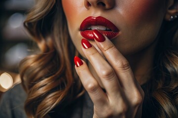 Fototapeta premium A sexy woman touching her painted red lips with a manicure on her red nails. Cosmetic products, fashionable lipstick, lip gloss and nail polish. A sensual woman.