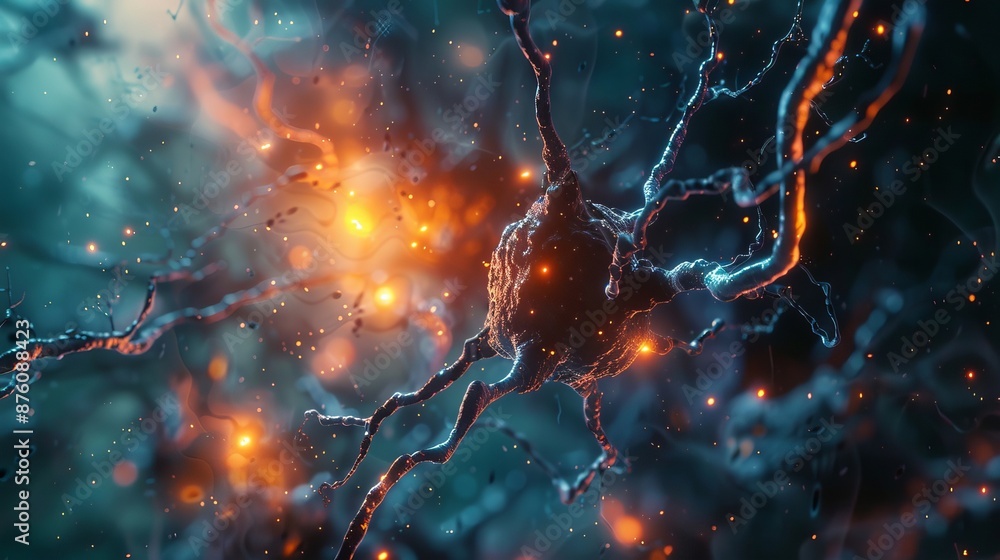 Poster close-up of a neuron with glowing synapses