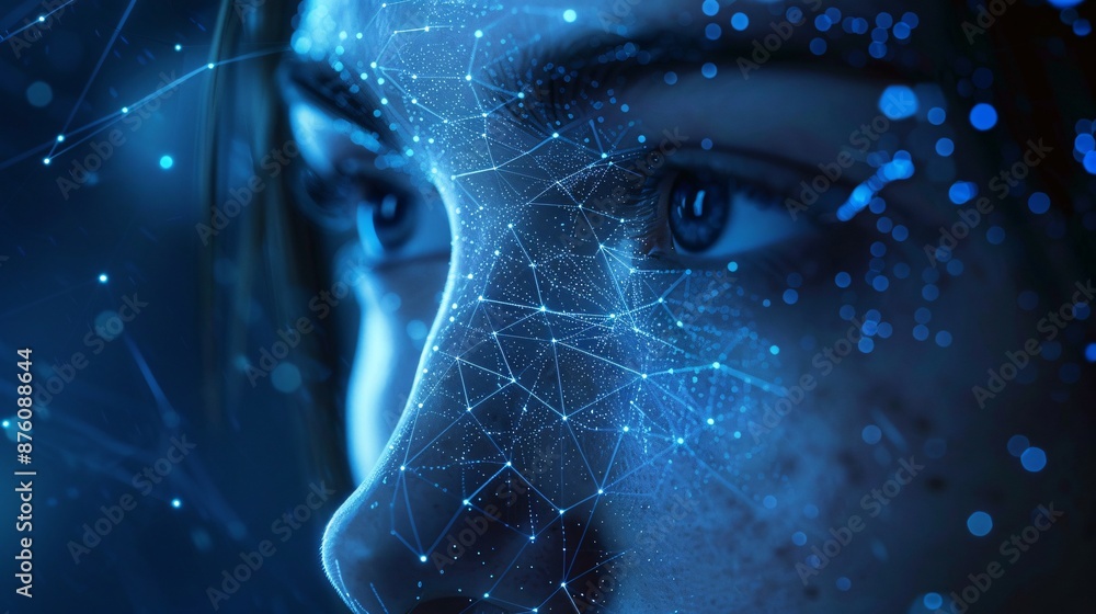 Poster futuristic digital face with network connections and data points in blue light