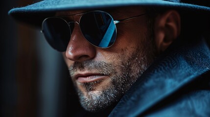 Obraz premium Close-Up Portrait of a Mysterious Man Wearing Sunglasses and a Hat in Low Light