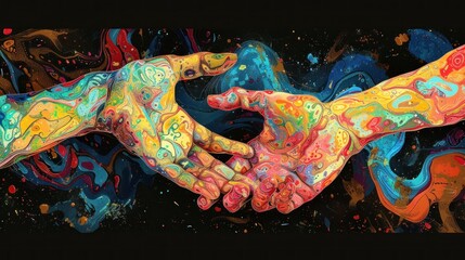 Two Hands Reaching Out in a Cosmic Dance