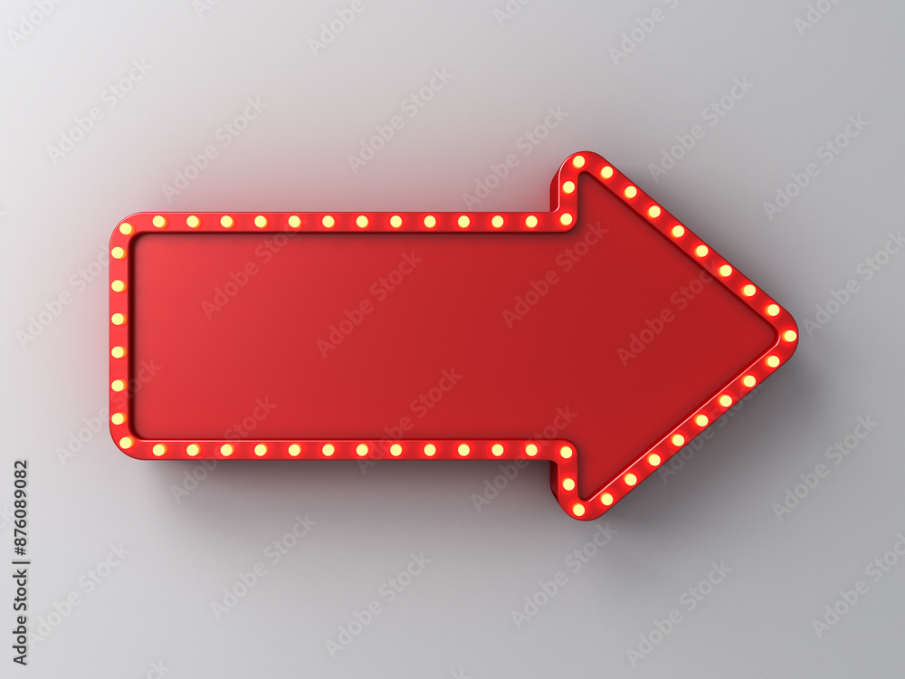 Leinwandbilder blank red retro arrow signboard with retro yellow neon light bulbs isolated on dark white wall backg