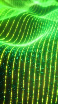 Futuristic Green Particle and Line Animation with Radiant Depth of Field on Dark Background - Vertical Video
