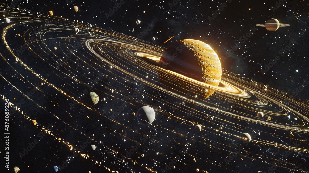 Poster stunning visualization of the solar system with planets and asteroid belt in deep space
