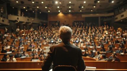Distinguished Speaker Addressing a Full Auditorium at a University Lecture Hall