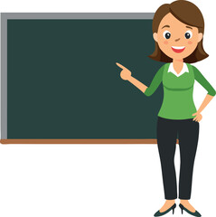Illustration of a female teacher standing at a chalkboard.