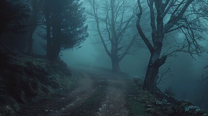 Mysterious Foggy Forest Path with Bare Trees and Misty Atmosphere at Dawn