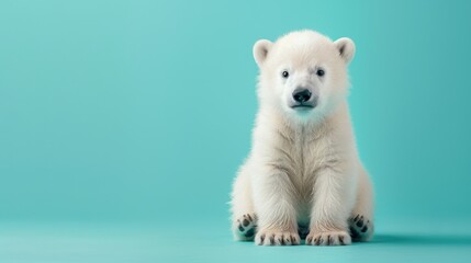 A happy Polar Bear Cub puppy sitting on a solid mint blue background with space above for text, illustration background