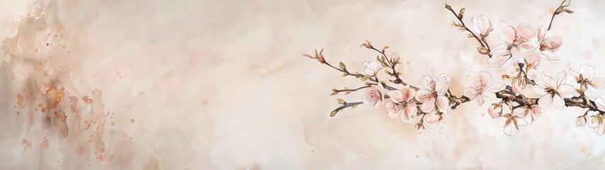 Fototapeta premium Watercolor drawing of a sakura branch with soft pink flowers and buds on a light background. Lightness and airiness of strokes. Concept: interior decoration, postcards, posters, packaging design