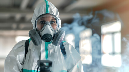 Pest control worker in protective gear fumigating to eliminate pests. Concept Pest Control Equipment, Fumigation Process, Exterminator in Action, Pest Infestation, Protective Gear