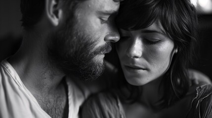 Fototapeta premium Intimate Black and White Portrait of a Couple Embracing in a Tender Moment