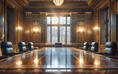 Large wooden conference table in a luxurious boardroom with leather chairs and a window view.
