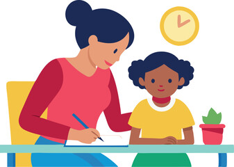 A woman assisting a child with homework, symbolizing education and learning support. The image depicts a nurturing educational interaction.