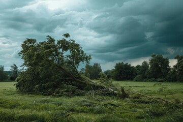 Obraz premium A fallen tree lies on a green field under a stormy sky, depicting the aftermath of a severe storm with dark clouds and strong winds causing significant damage