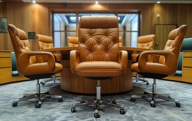Modern leather office chairs around a round wooden table in a conference room