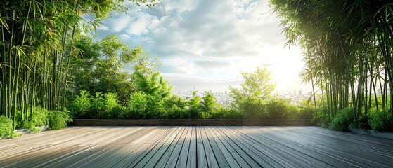 Rooftop garden with bamboo and smart features, copy space for text, - Generative AI