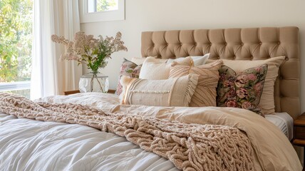 Fototapeta premium Elegant bedroom featuring a cozy bed with a fabric headboard and a mix of eclectic throws and pillows. The room has a calming color scheme with shades of beige, white, and grey.
