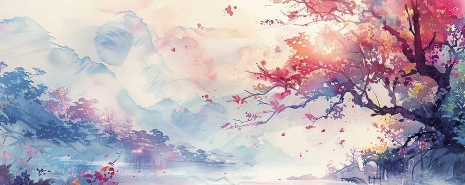 Beautiful watercolor landscape painting with serene mountains, colorful trees, and a calming river under a soft, warm light.