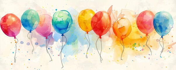 Vibrant watercolor balloons lined up in various colors, perfect for celebrations and parties, evoking joy and festivity in every detail.